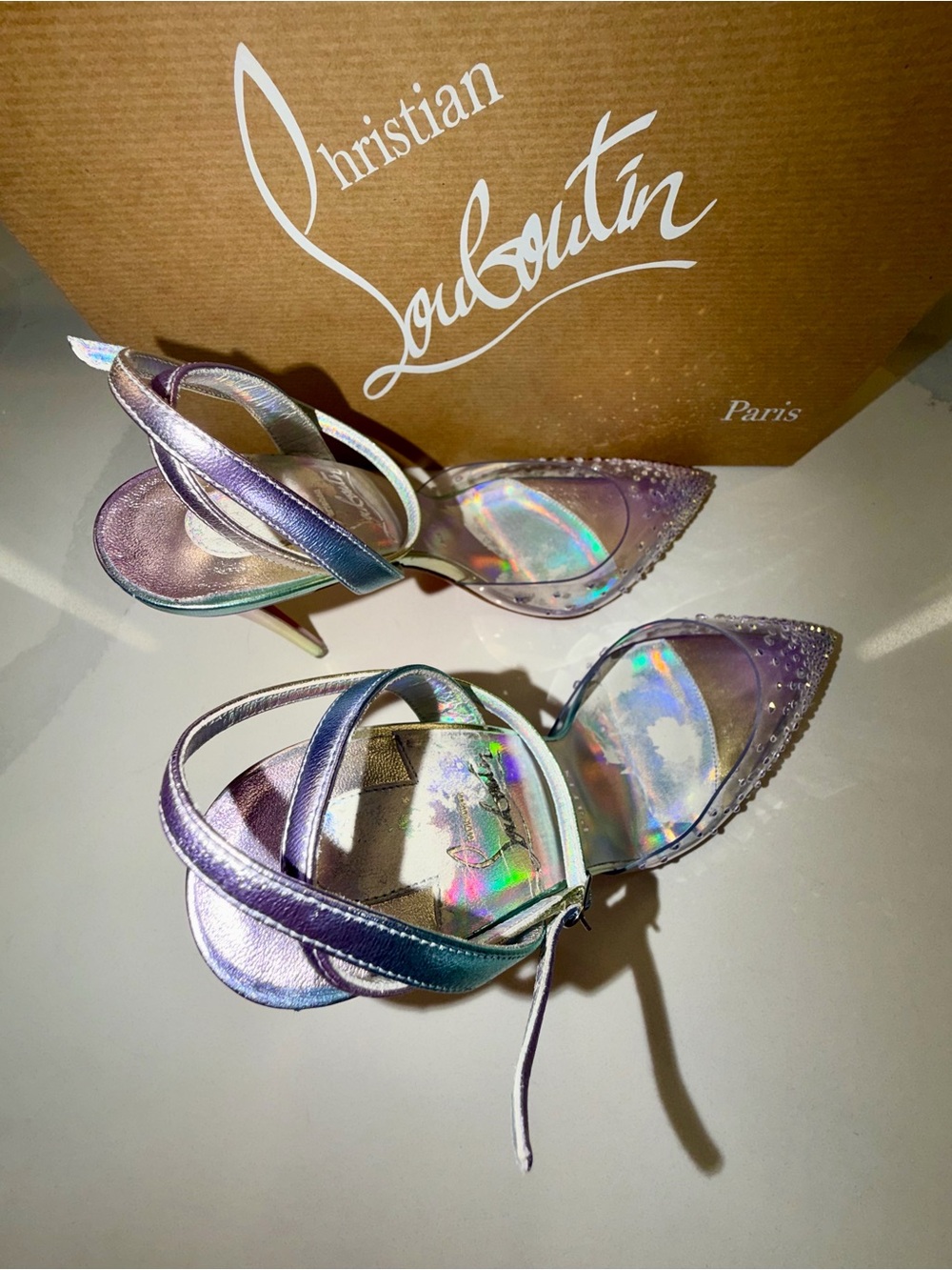 Christian Louboutin - Spikaqueen Crystal Pointed Toe Slingback Heels -Vers Multi - Picture 13 of 17